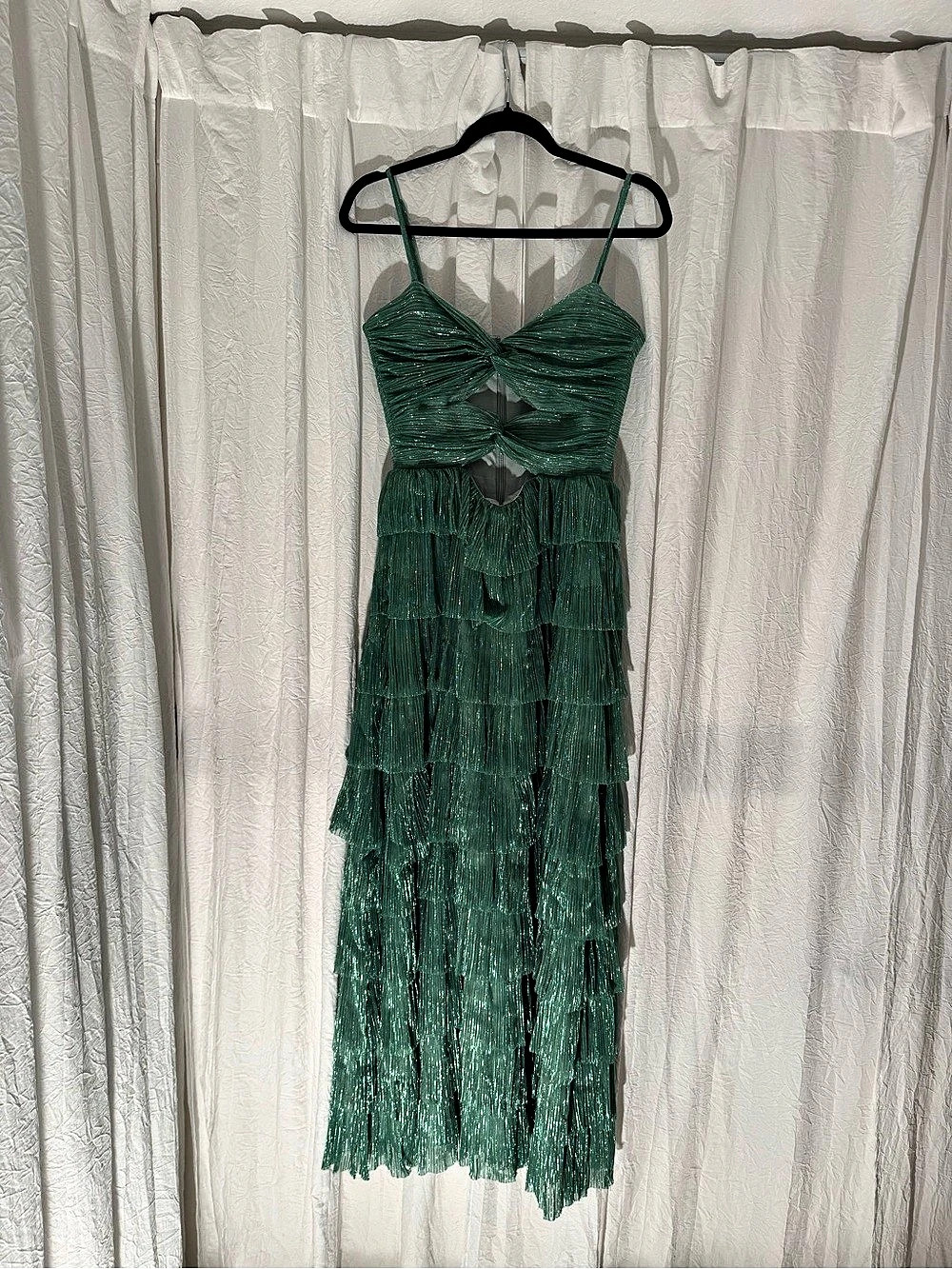 Gianni Bini Grace Metallic Plisse Sweetheart Neck Cut-Out Tiered Dress Cut-Out